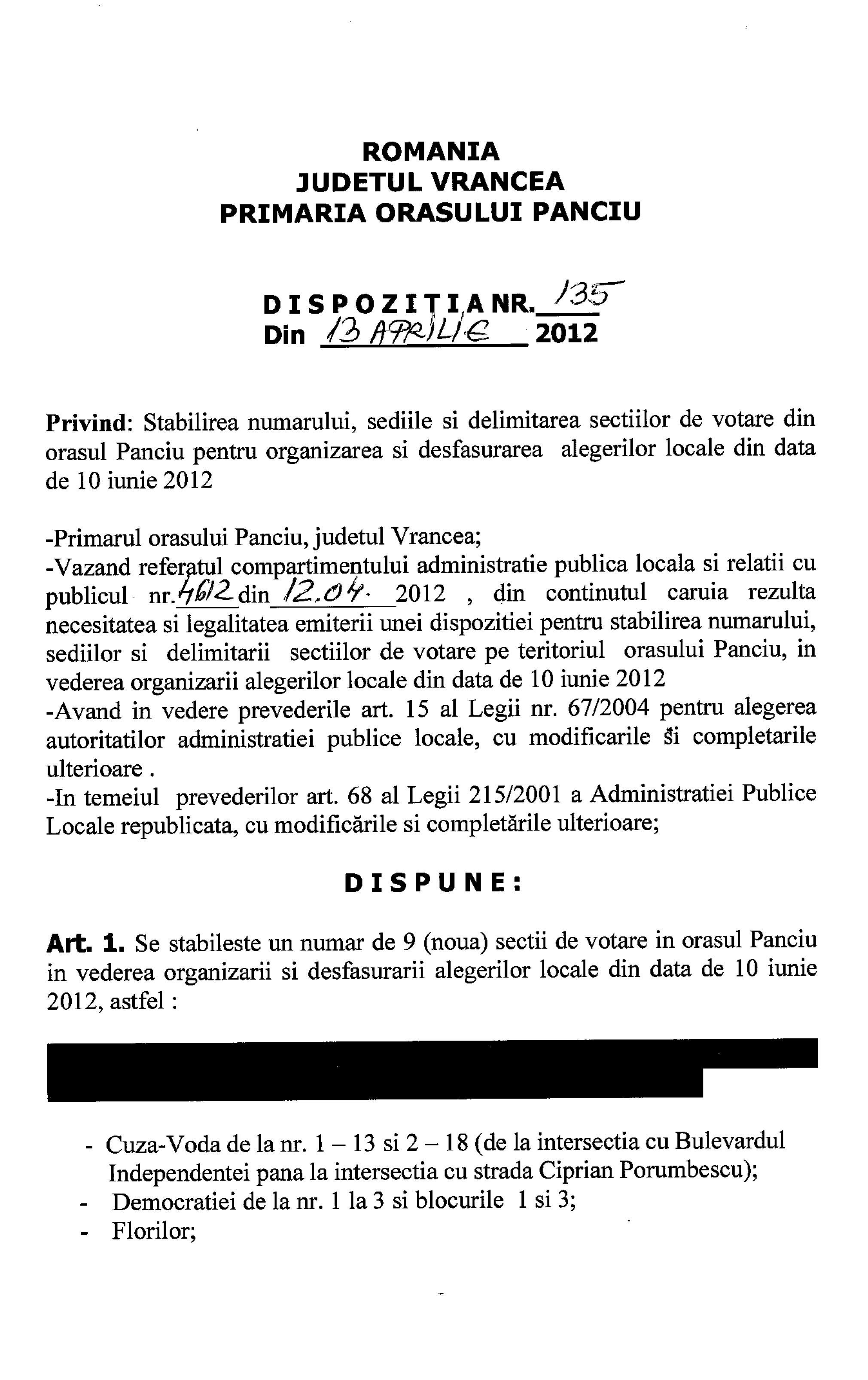 Dispoziţia Primarului privind stabilirea numarului, sediilor si delimitarea sectiilor de votare
