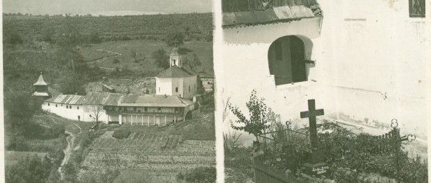 Fotografie de arhivă - mormântul scriitorului Ioan Slavici de la Mănăstirea Brazi.