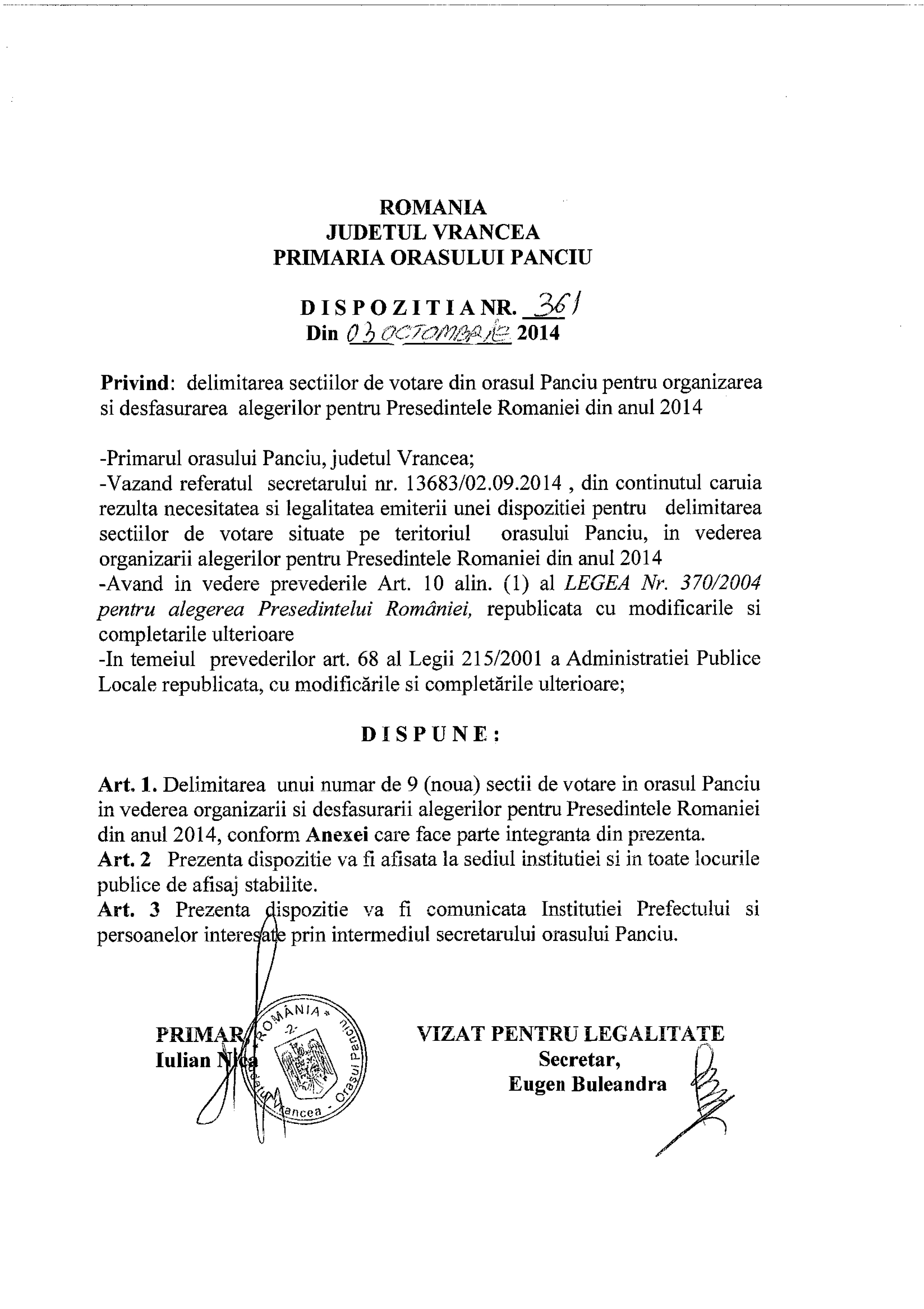 dispozitia 361 delimitare sectii votare